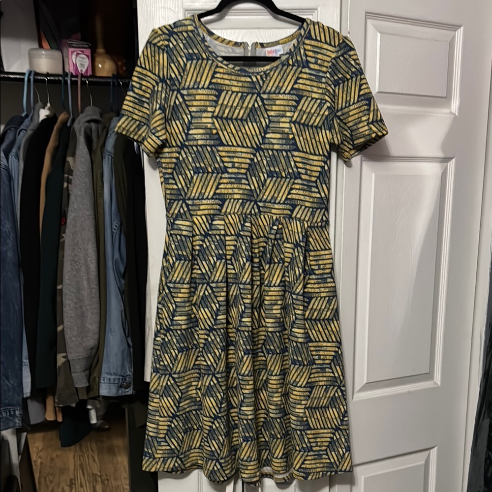 LuLaRoe Yellow and Blue Fit and Flare Midi Dress